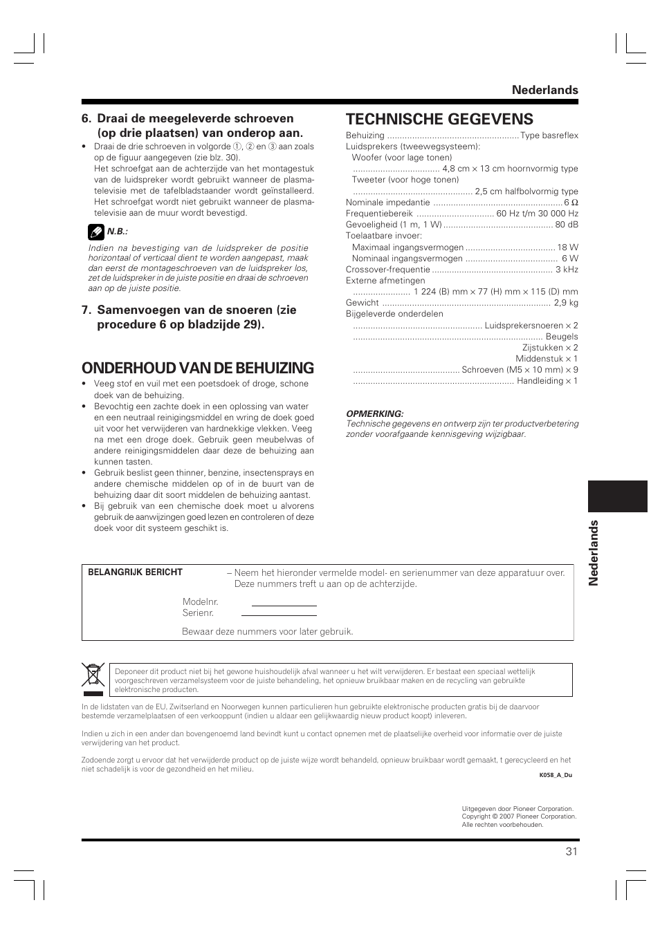 Onderhoud van de behuizing, Technische gegevens, Nederlands | Pioneer PDP-S59 User Manual | Page 31 / 44