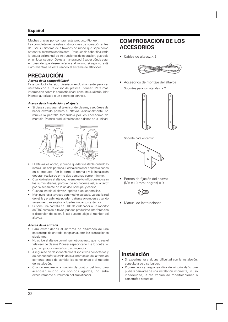 Precaución, Instalación, Comprobación de los accesorios | Español | Pioneer PDP-S59 User Manual | Page 32 / 44