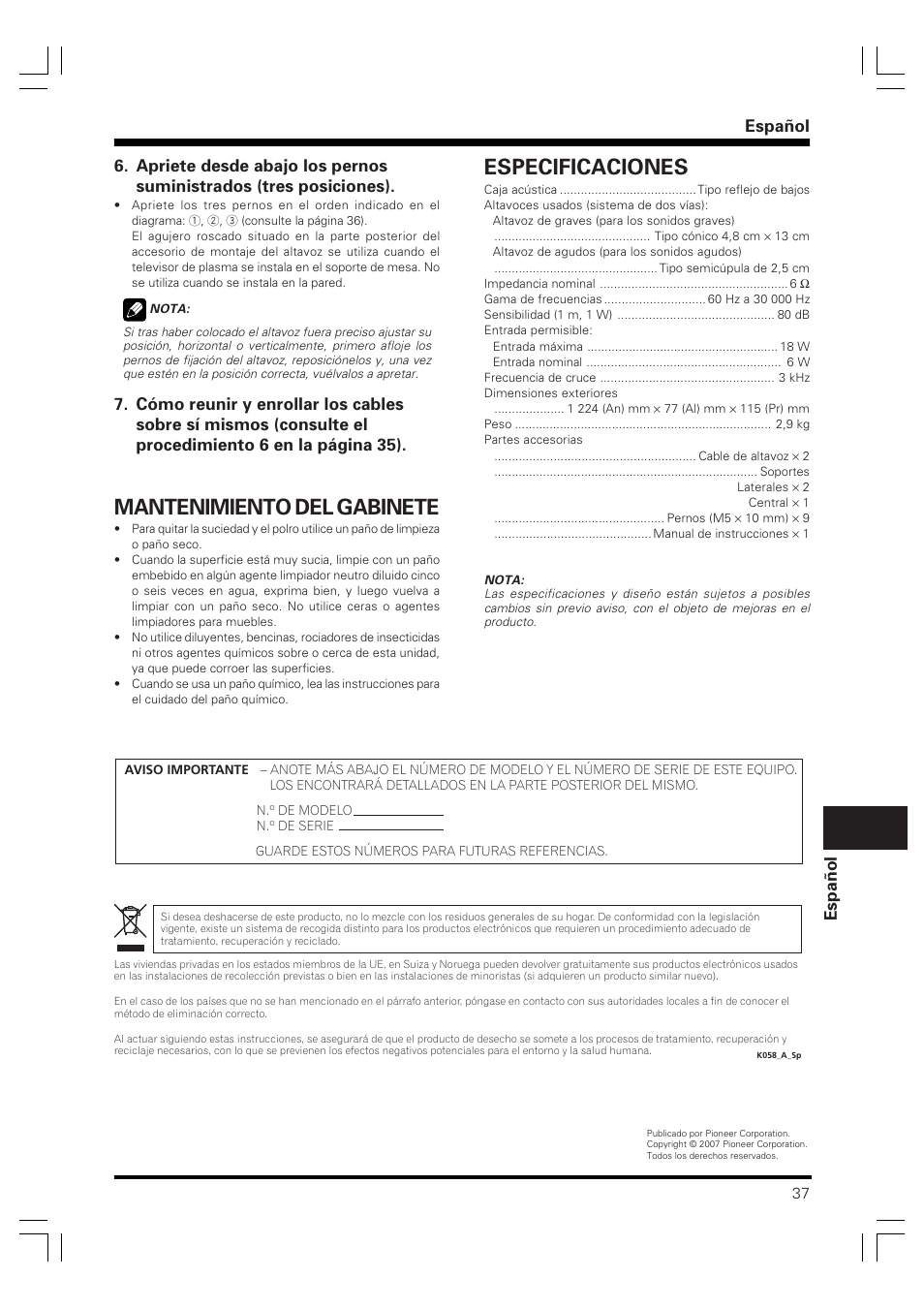 Mantenimiento del gabinete, Especificaciones, Español espa ñ ol | Pioneer PDP-S59 User Manual | Page 37 / 44