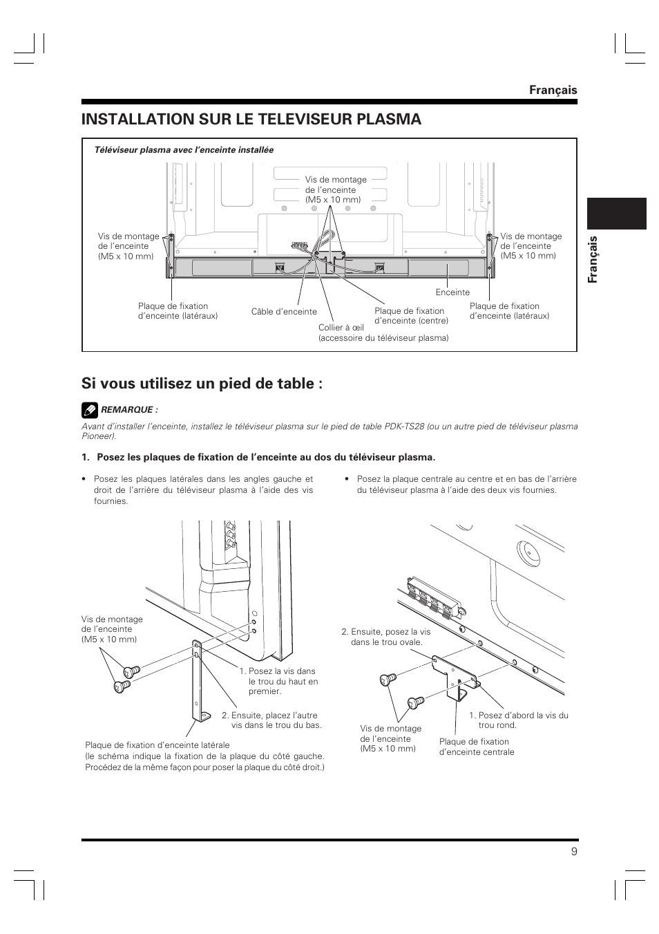 Mode d’emploi, Enceinte acoustique, Si vous utilisez un pied de table | Installation sur le televiseur plasma, Français fran ç ais | Pioneer PDP-S59 User Manual | Page 9 / 44