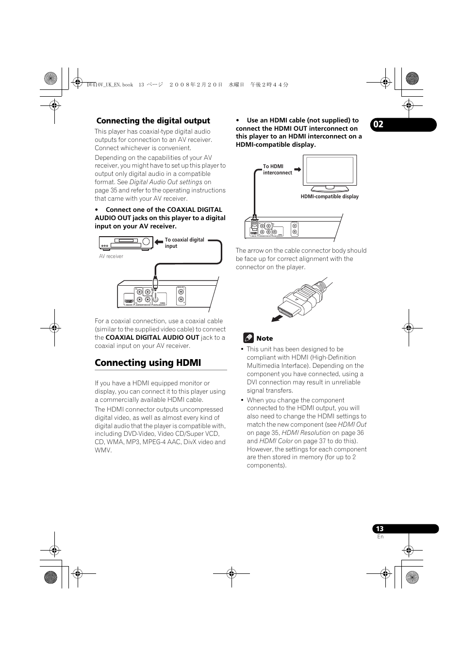 Connecting using hdmi, Connecting the digital output | Pioneer DV-410V-S User Manual | Page 13 / 52