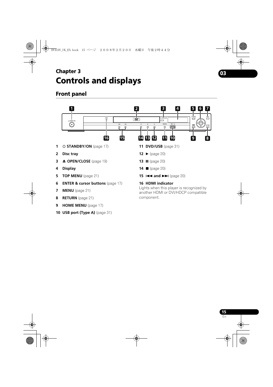 Front panel, Controls and displays, Chapter 3 | Pioneer DV-410V-S User Manual | Page 15 / 52