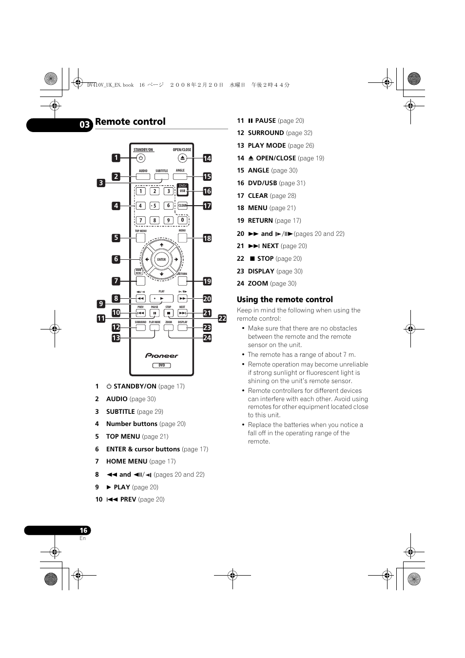 Remote control, Using the remote control | Pioneer DV-410V-S User Manual | Page 16 / 52