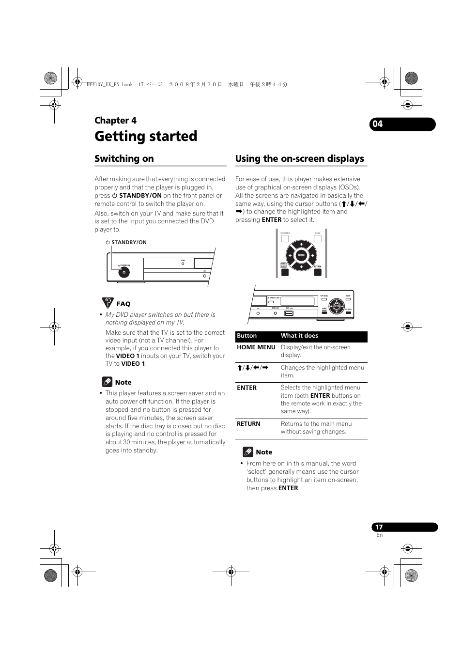 Switching on, Using the on-screen displays, Getting started | Chapter 4 | Pioneer DV-410V-S User Manual | Page 17 / 52