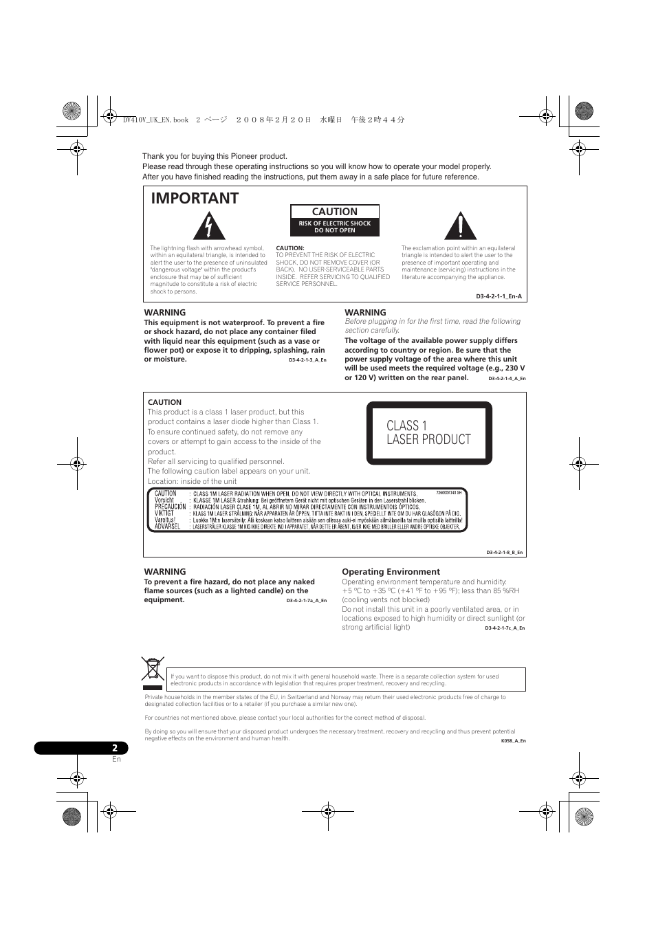 Important, Caution | Pioneer DV-410V-S User Manual | Page 2 / 52