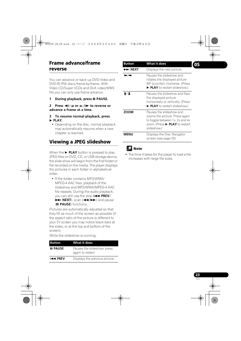 Frame advance/frame reverse, Viewing a jpeg slideshow | Pioneer DV-410V-S User Manual | Page 23 / 52
