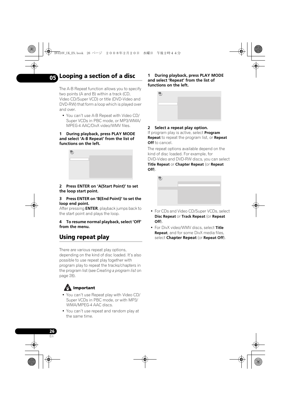 Looping a section of a disc, Using repeat play | Pioneer DV-410V-S User Manual | Page 26 / 52