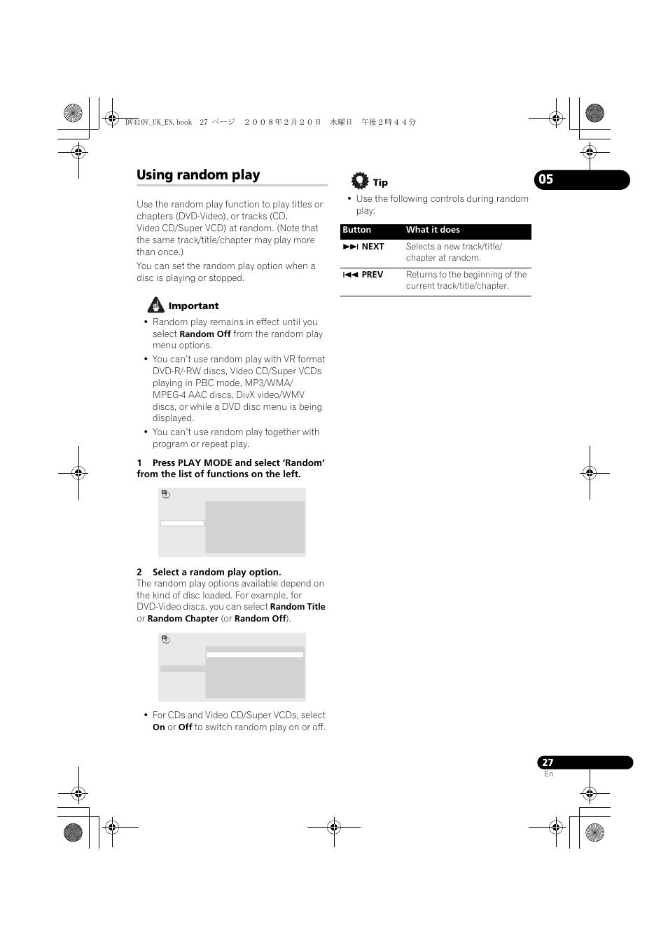 Using random play | Pioneer DV-410V-S User Manual | Page 27 / 52