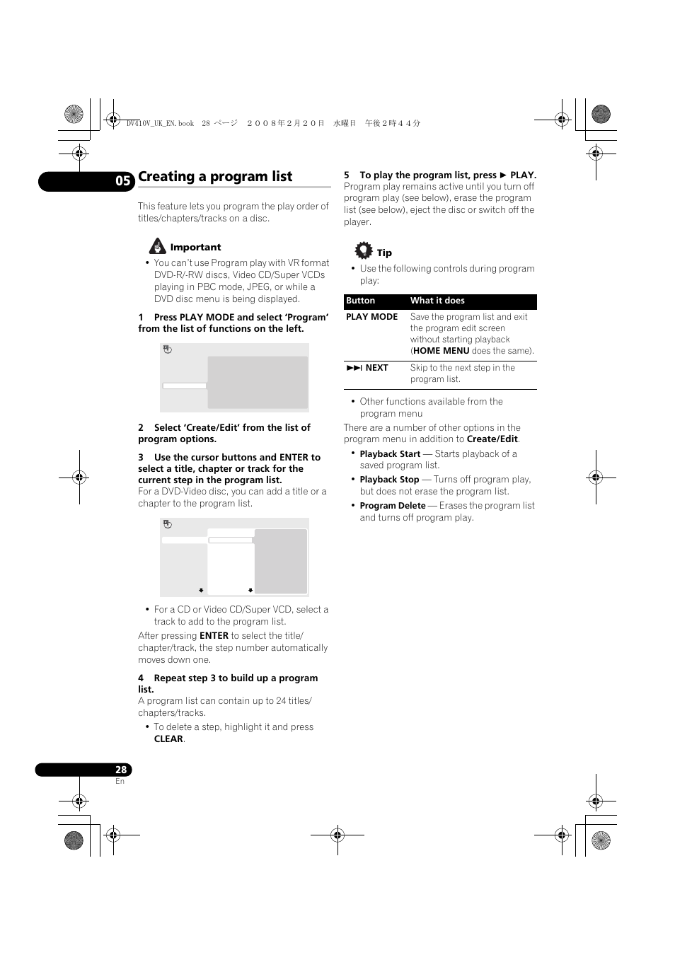 Creating a program list | Pioneer DV-410V-S User Manual | Page 28 / 52