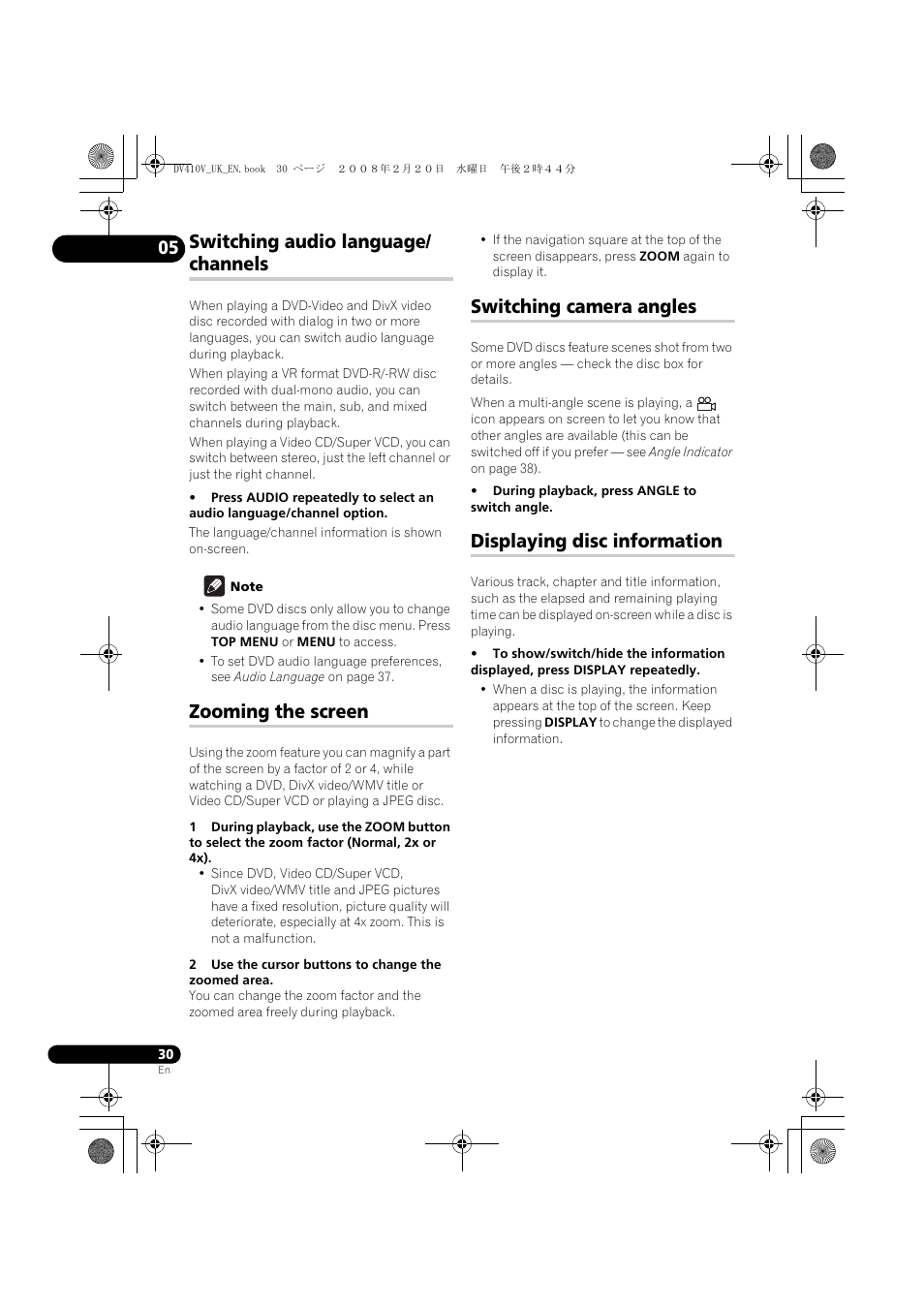Switching audio language/channels, Zooming the screen, Switching camera angles | Displaying disc information, Switching audio language/ channels | Pioneer DV-410V-S User Manual | Page 30 / 52