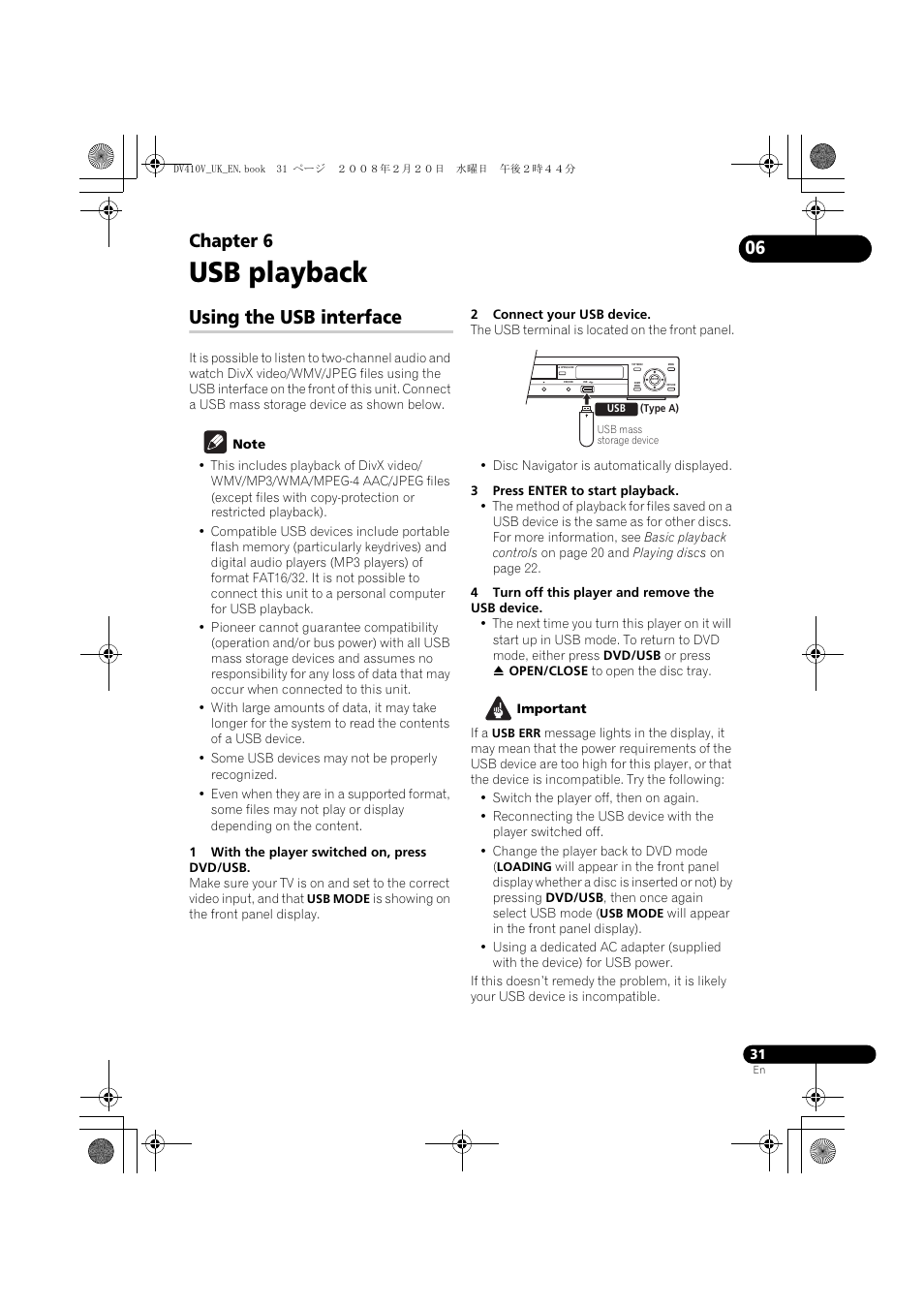 Using the usb interface, Usb playback, Chapter 6 | Pioneer DV-410V-S User Manual | Page 31 / 52
