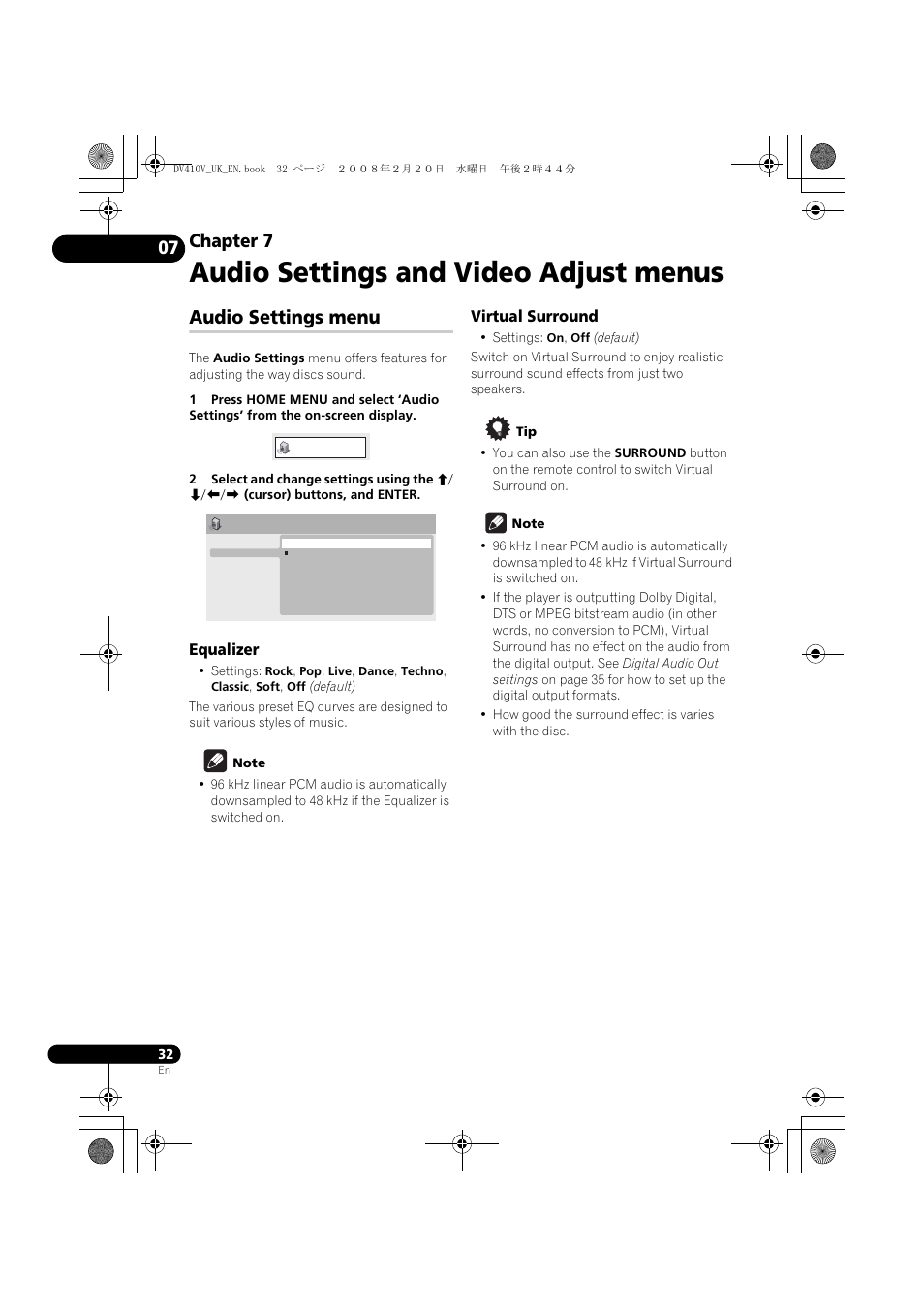 Audio settings menu, Audio settings and video adjust menus, Chapter 7 | Pioneer DV-410V-S User Manual | Page 32 / 52