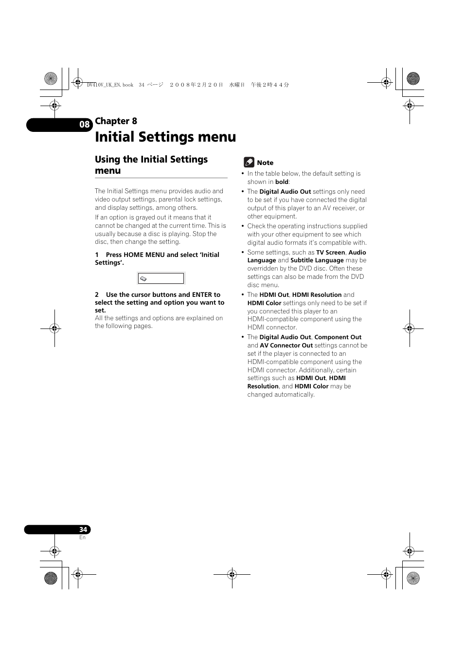 Using the initial settings menu, Initial settings menu, Chapter 8 | Pioneer DV-410V-S User Manual | Page 34 / 52