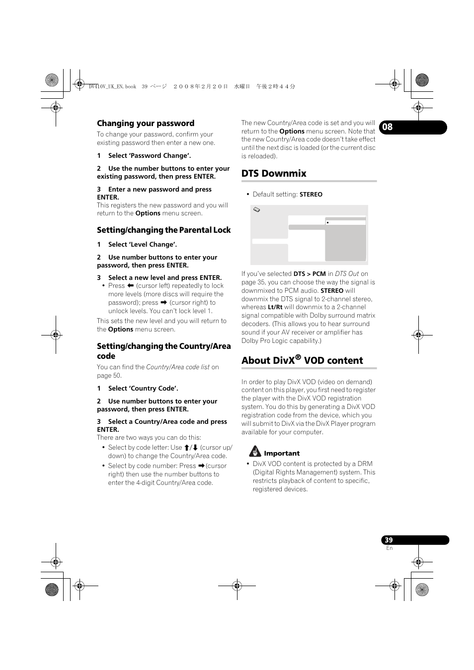 Dts downmix, About divx® vod content, About divx | Vod content | Pioneer DV-410V-S User Manual | Page 39 / 52