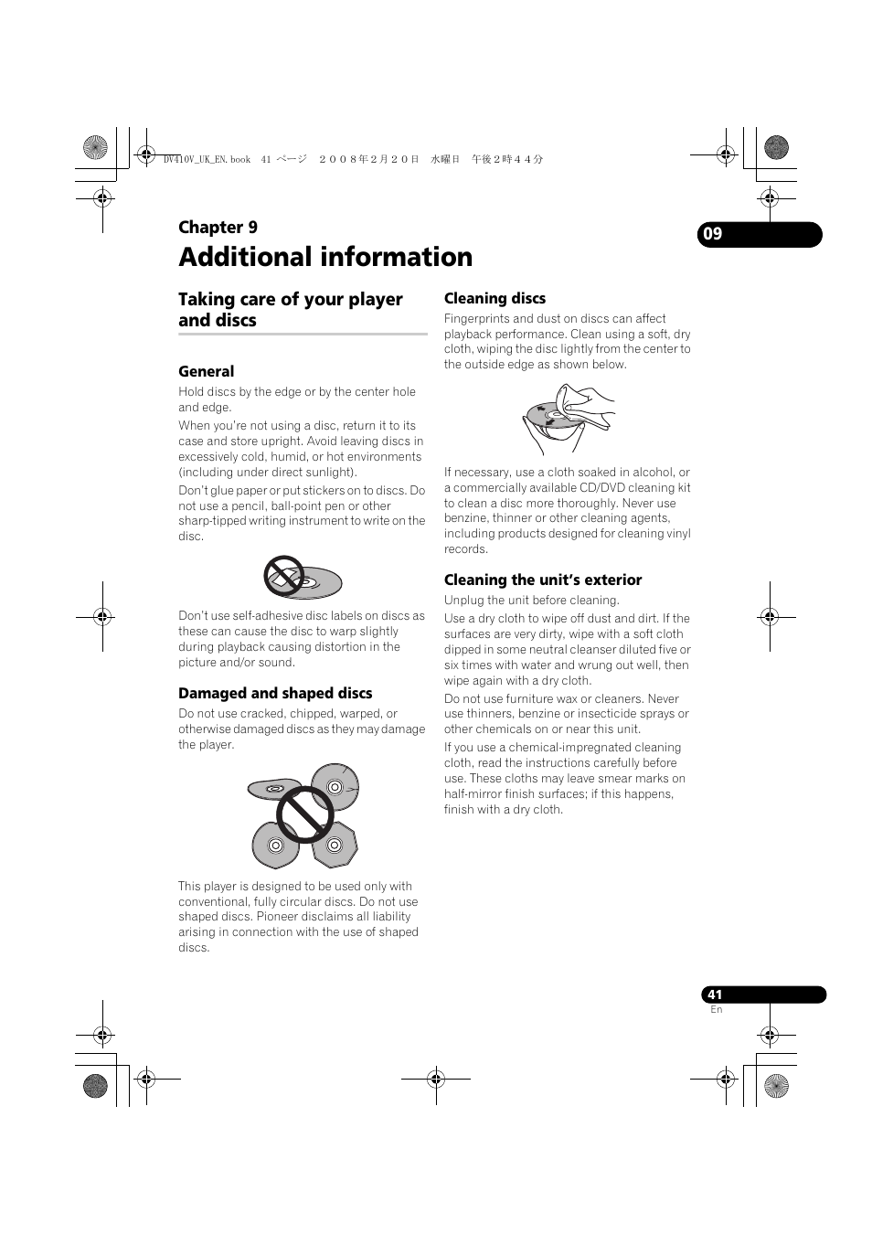 Taking care of your player and discs, Additional information, Chapter 9 | Pioneer DV-410V-S User Manual | Page 41 / 52