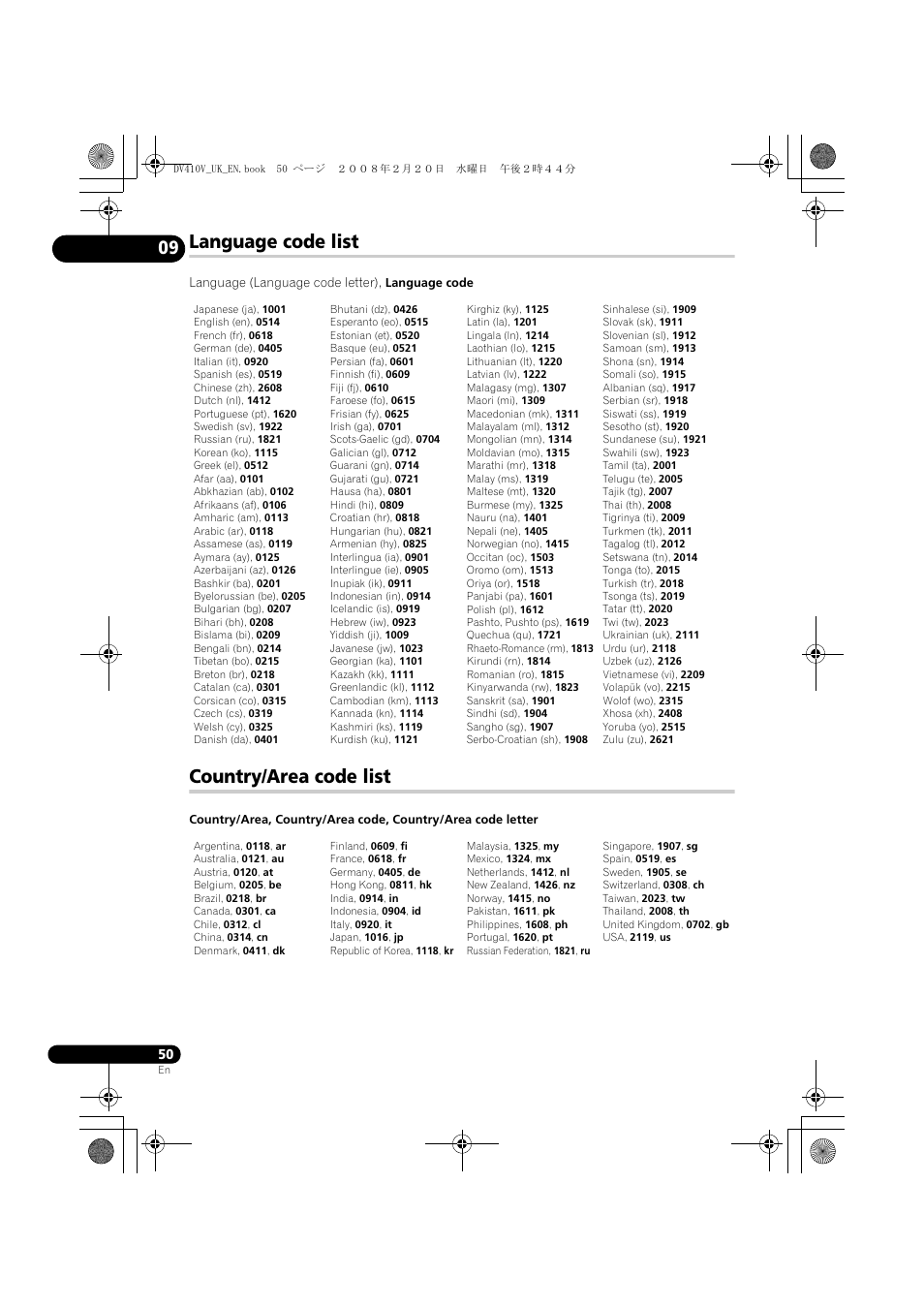 Language code list, Country/area code list | Pioneer DV-410V-S User Manual | Page 50 / 52