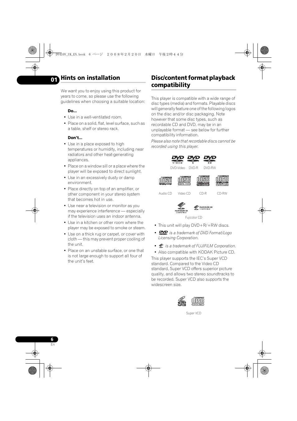 Hints on installation, Disc/content format playback compatibility | Pioneer DV-410V-S User Manual | Page 6 / 52