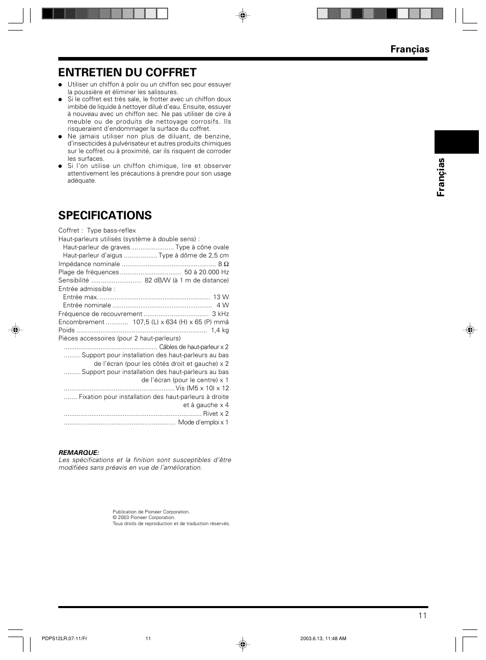 Specifications, Entretien du coffret, Françias | Pioneer PDP-S12-LR User Manual | Page 11 / 40