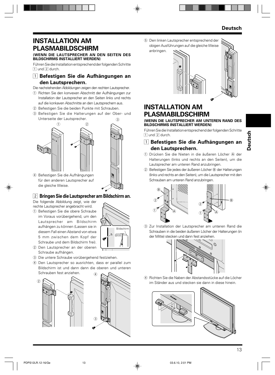 Installation am plasmabildschirm, Deutsch, 2 bringen sie die lautsprecher am bildschirm an | Pioneer PDP-S12-LR User Manual | Page 13 / 40