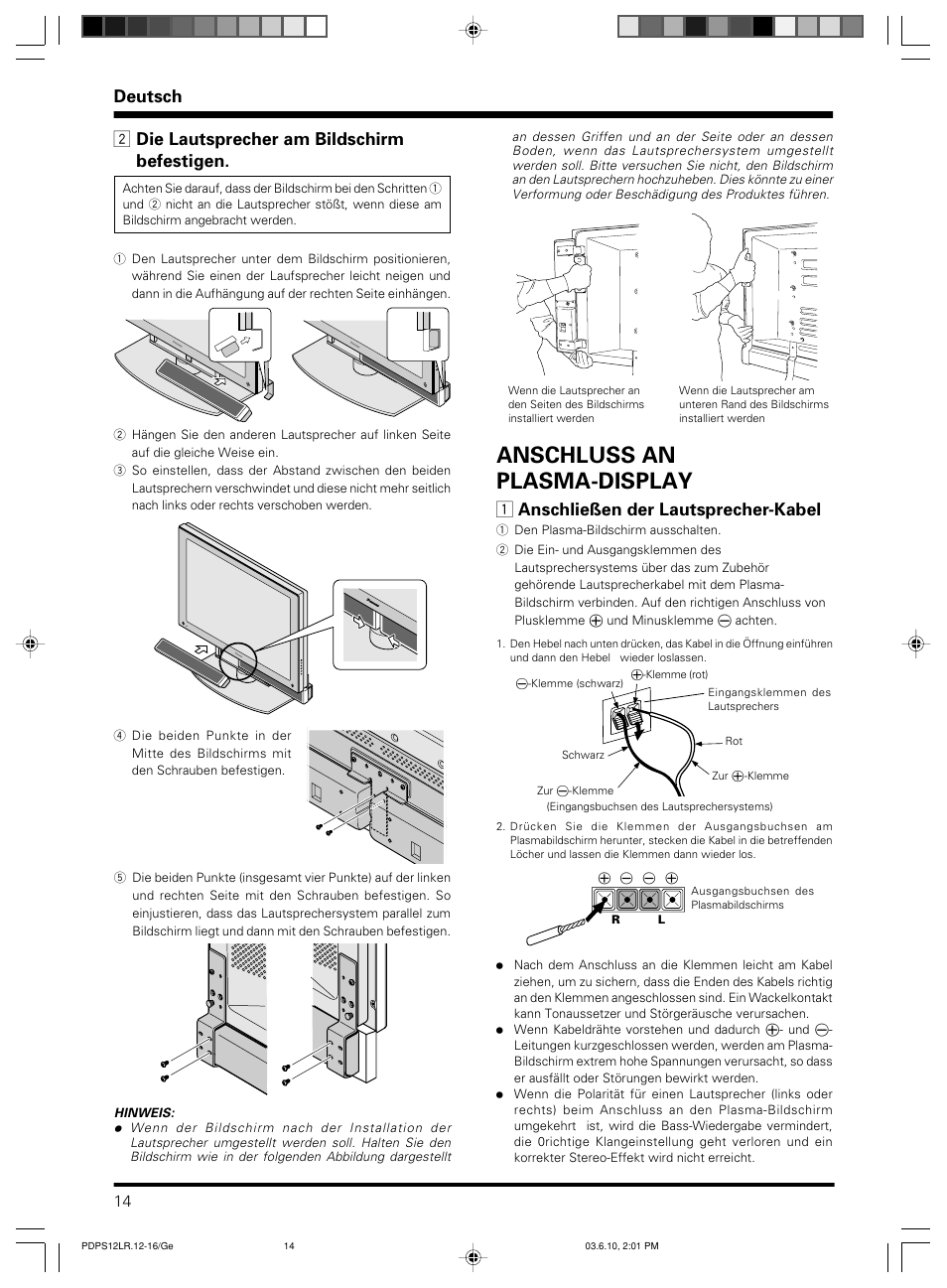 Anschluss an plasma-display, Deutsch, 2 die lautsprecher am bildschirm befestigen | 1 anschließen der lautsprecher-kabel | Pioneer PDP-S12-LR User Manual | Page 14 / 40
