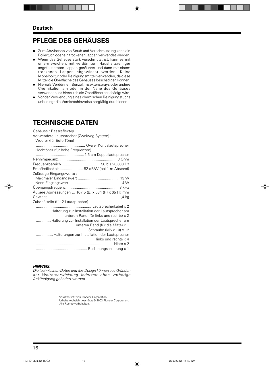 Technische daten, Pflege des gehäuses, Deutsch | Pioneer PDP-S12-LR User Manual | Page 16 / 40