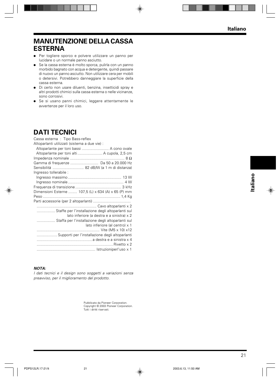 Dati tecnici, Manutenzione della cassa esterna, Italiano | Pioneer PDP-S12-LR User Manual | Page 21 / 40