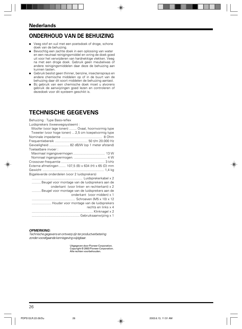 Technische gegevens, Onderhoud van de behuizing, Nederlands | Pioneer PDP-S12-LR User Manual | Page 26 / 40