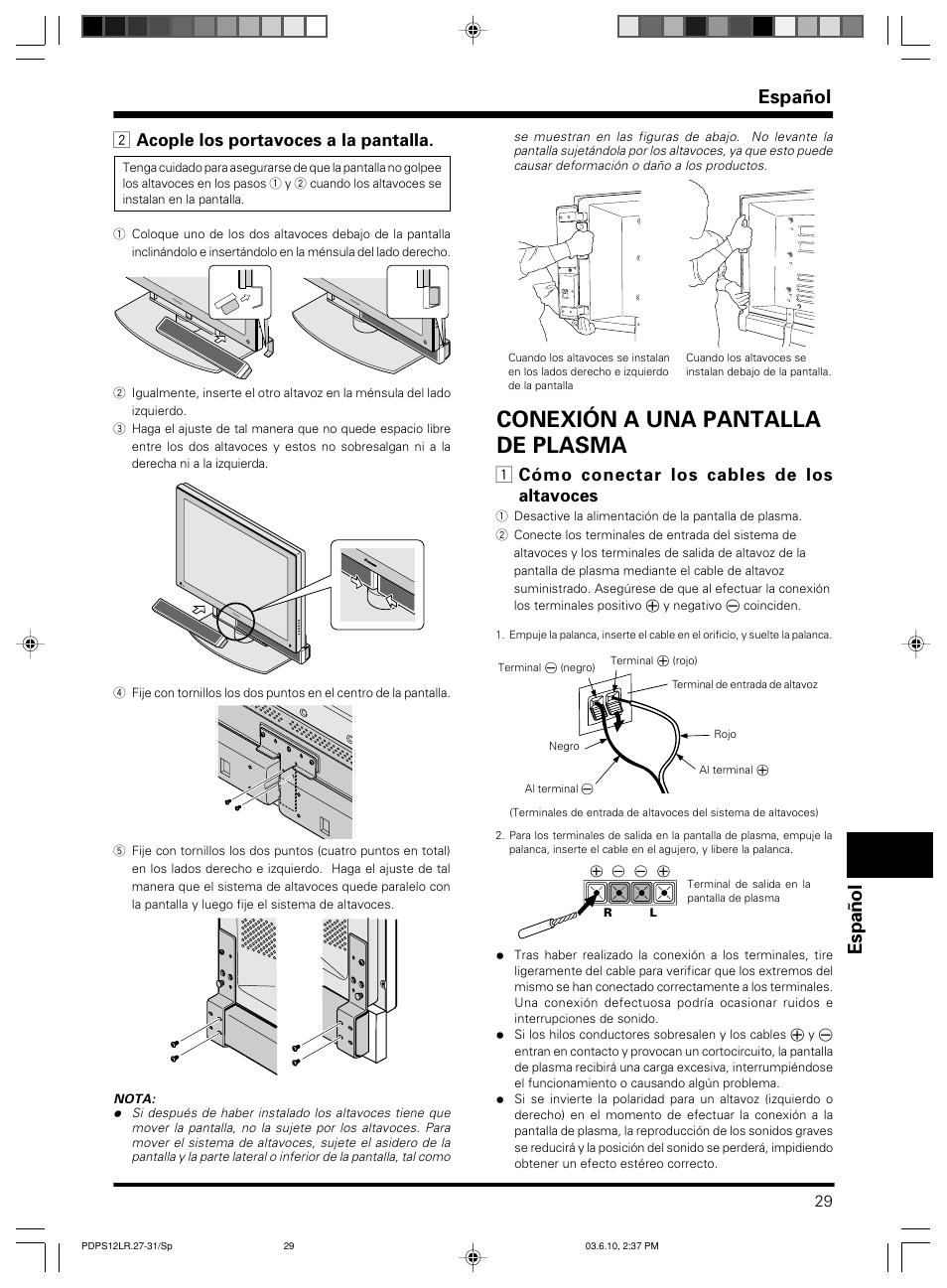 Conexión a una pantalla de plasma, Espa ñ ol español, 2 acople los portavoces a la pantalla | 1 cómo conectar los cables de los altavoces | Pioneer PDP-S12-LR User Manual | Page 29 / 40