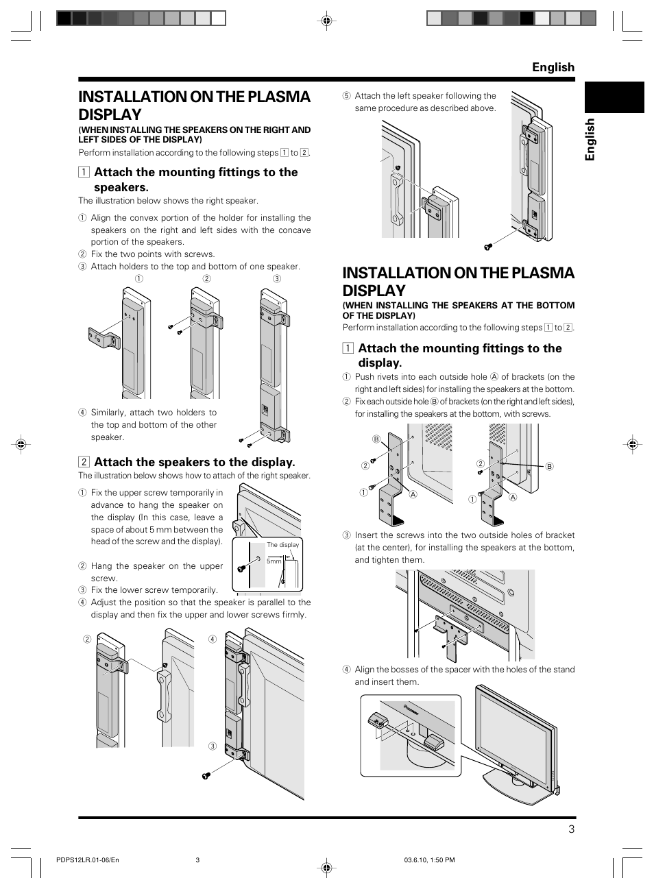 Installation on the plasma display, English, 1 attach the mounting fittings to the speakers | 2 attach the speakers to the display, 1 attach the mounting fittings to the display | Pioneer PDP-S12-LR User Manual | Page 3 / 40