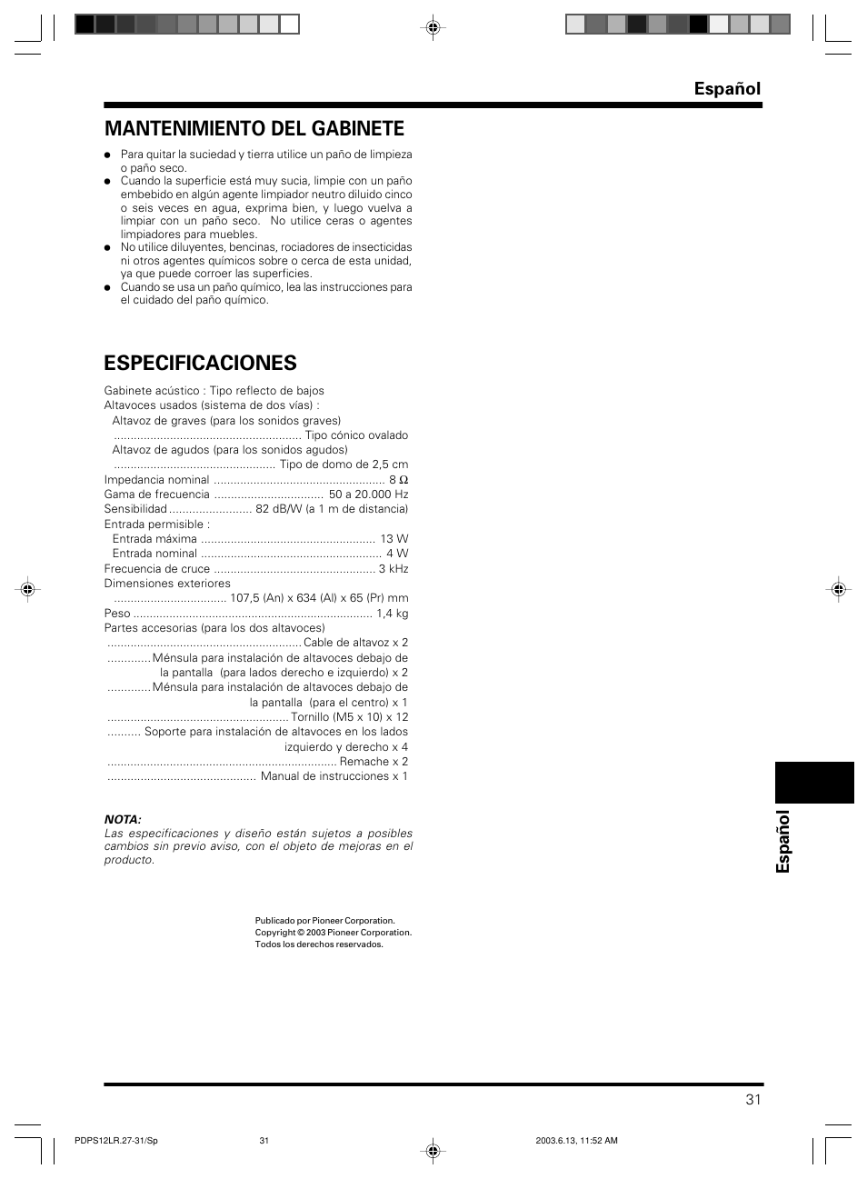 Especificaciones, Mantenimiento del gabinete, Español | Pioneer PDP-S12-LR User Manual | Page 31 / 40