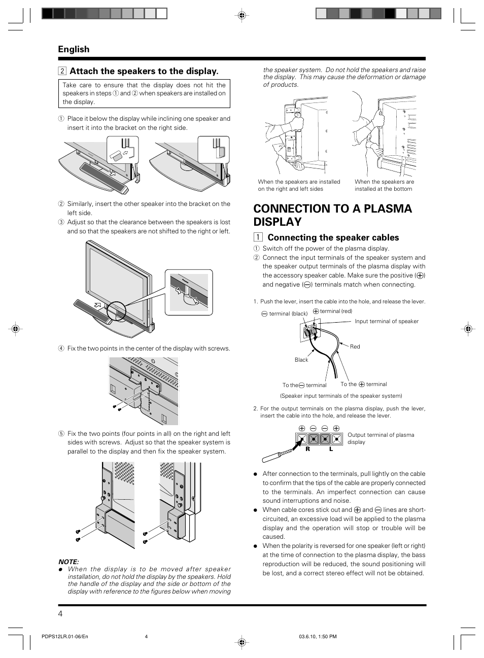 Connection to a plasma display, English, 2 attach the speakers to the display | Connecting the speaker cables | Pioneer PDP-S12-LR User Manual | Page 4 / 40