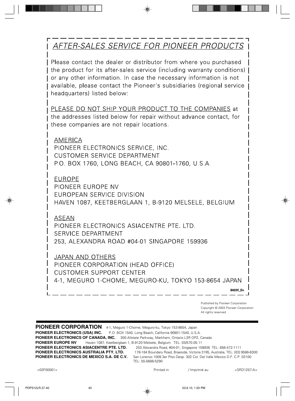 Pioneer corporation | Pioneer PDP-S12-LR User Manual | Page 40 / 40