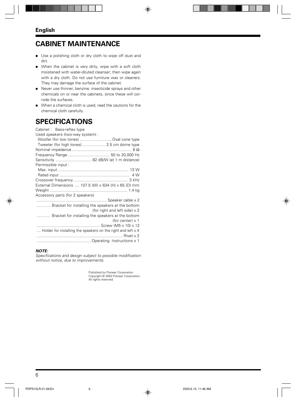 Specifications, Cabinet maintenance, English | Pioneer PDP-S12-LR User Manual | Page 6 / 40