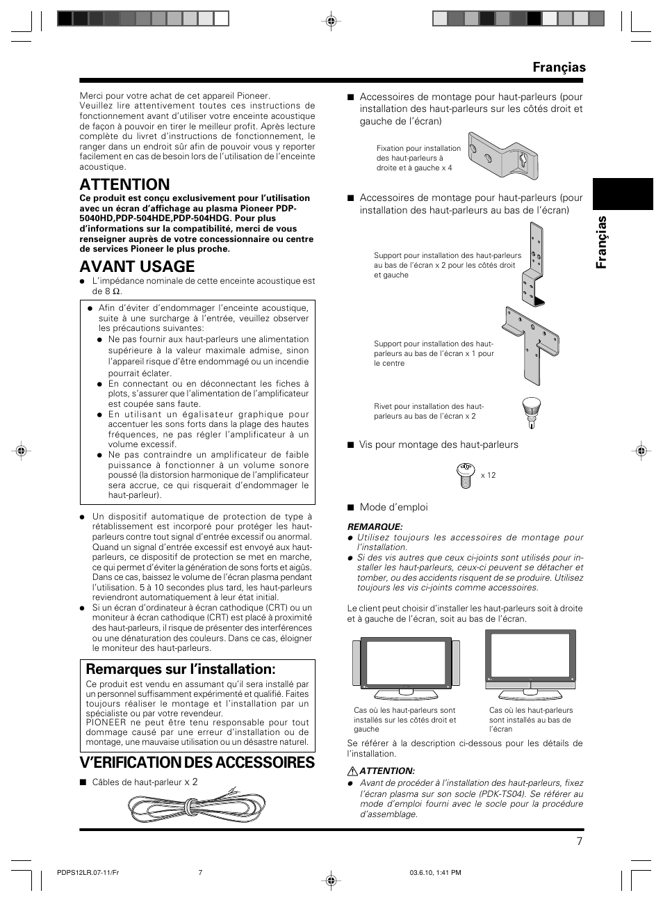 Avant usage, Attention, V’erification des accessoires | Remarques sur l’installation, Françias | Pioneer PDP-S12-LR User Manual | Page 7 / 40