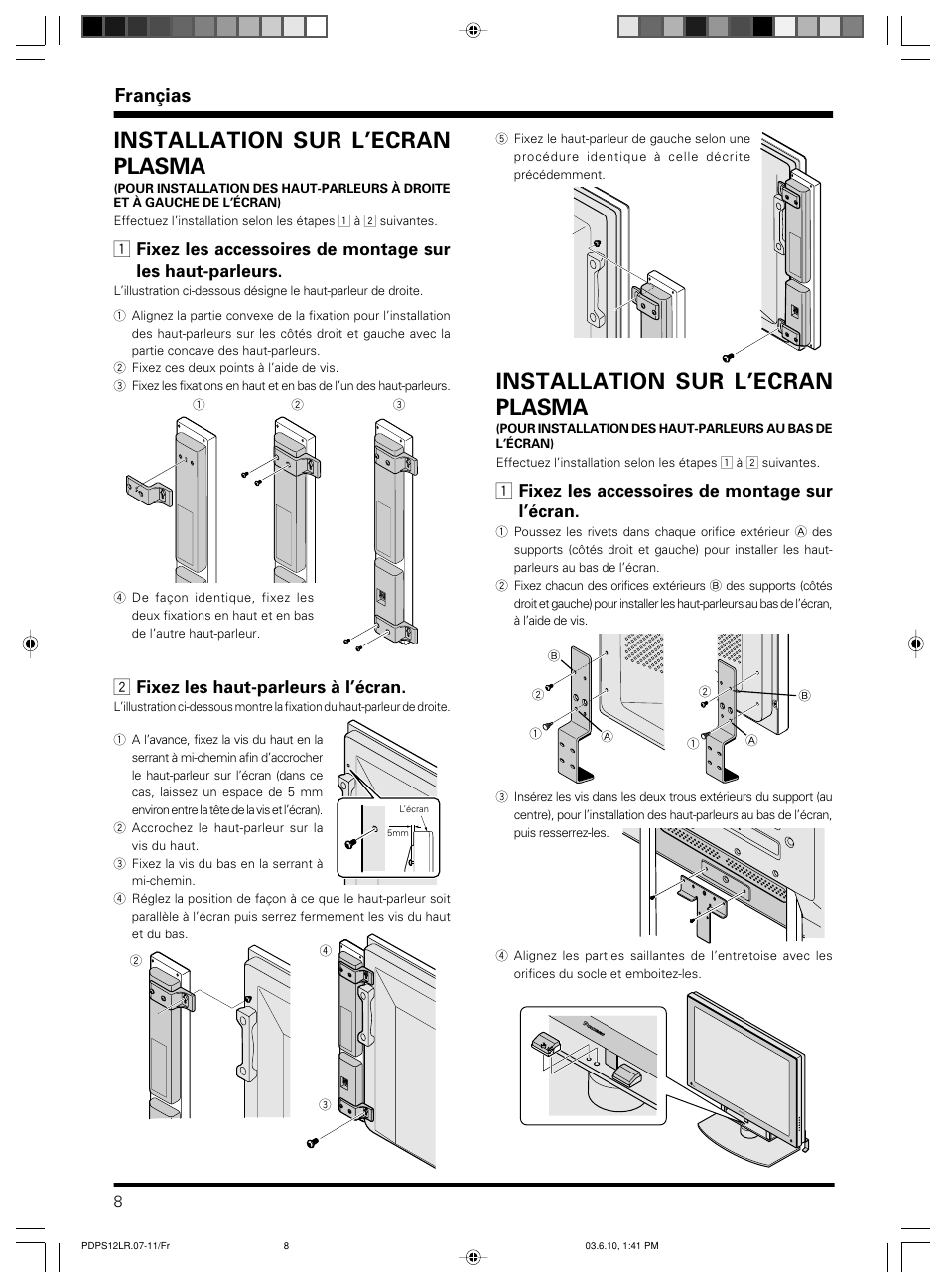 Installation sur l’ecran plasma, Françias, 2 fixez les haut-parleurs à l’écran | 1 fixez les accessoires de montage sur l’écran | Pioneer PDP-S12-LR User Manual | Page 8 / 40