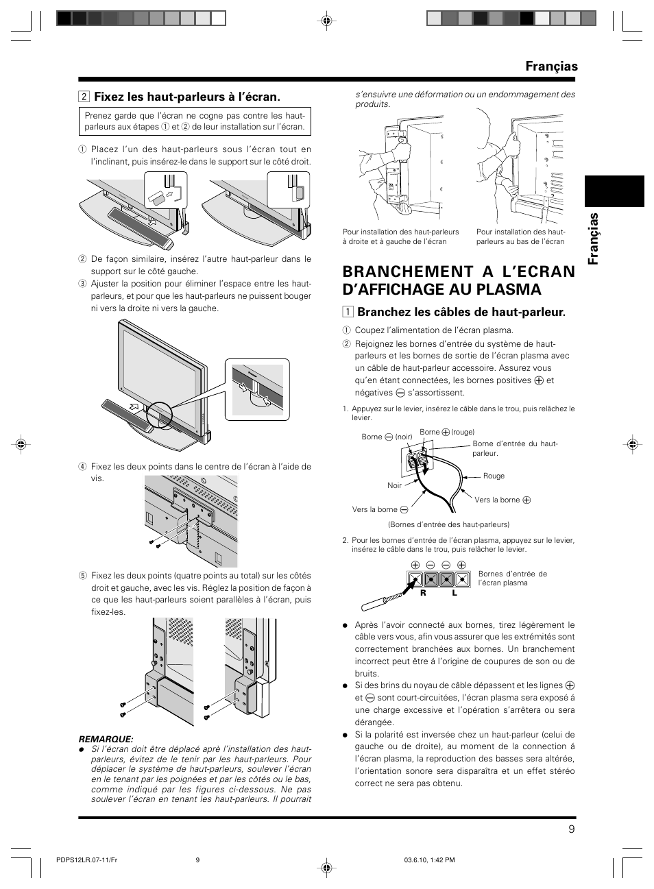 Branchement a l’ecran d’affichage au plasma, Françias fran ç ias, 2 fixez les haut-parleurs à l’écran | 1 branchez les câbles de haut-parleur | Pioneer PDP-S12-LR User Manual | Page 9 / 40