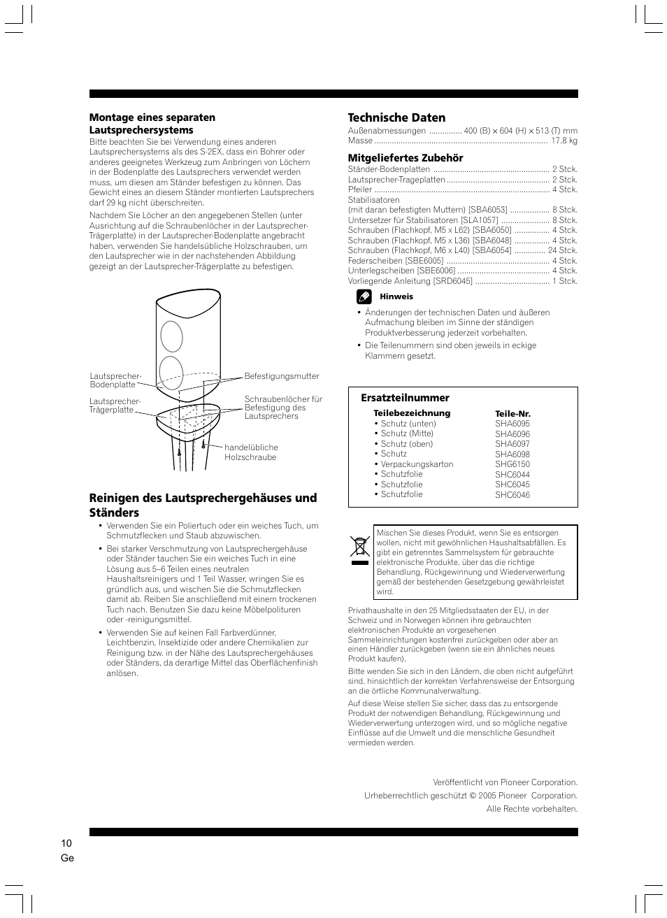 Reinigen des lautsprechergehäuses und ständers, Technische daten | Pioneer CP-2EX User Manual | Page 10 / 40