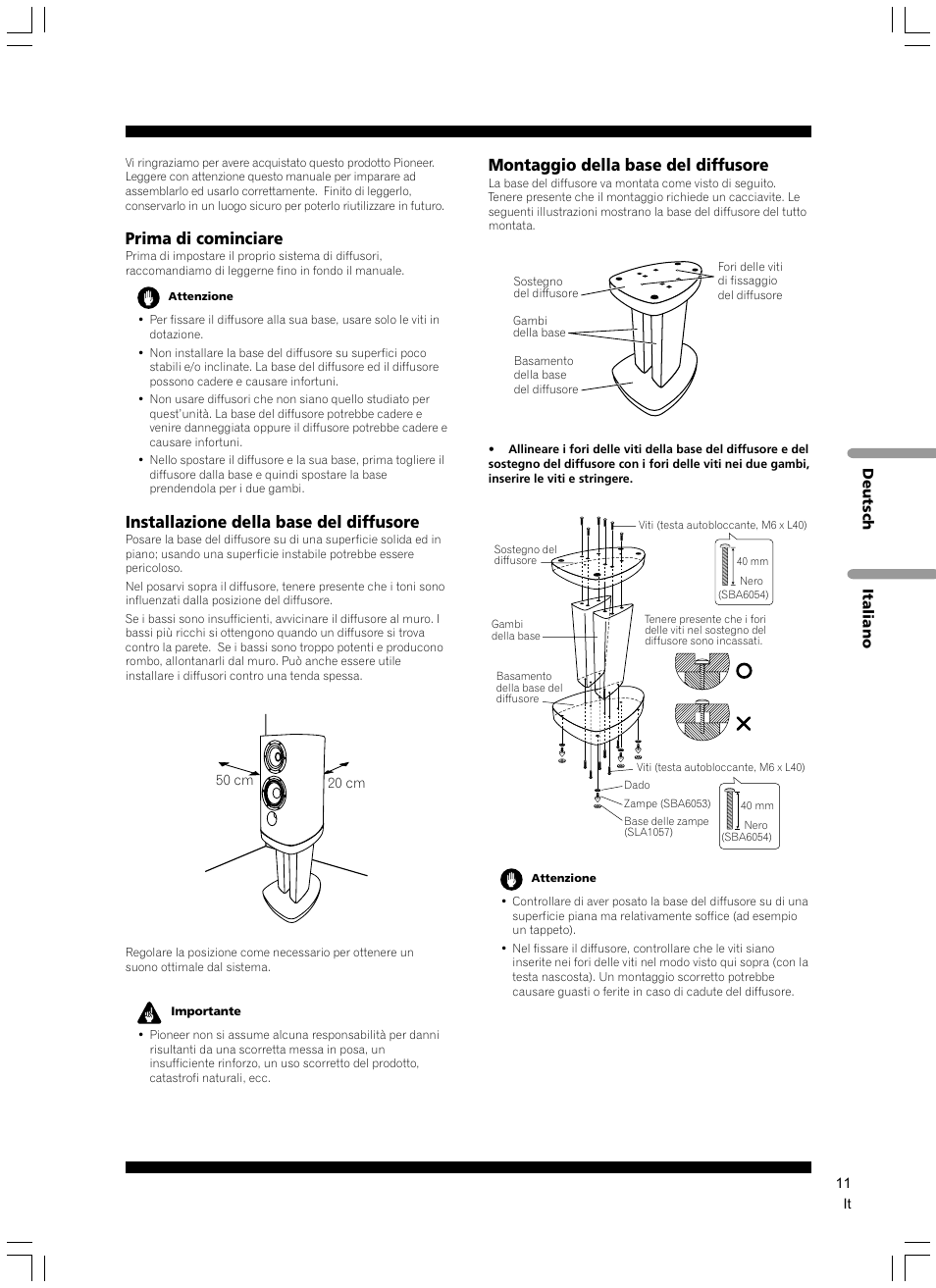 Prima di cominciare, Installazione della base del diffusore, Montaggio della base del diffusore | Pioneer CP-2EX User Manual | Page 11 / 40