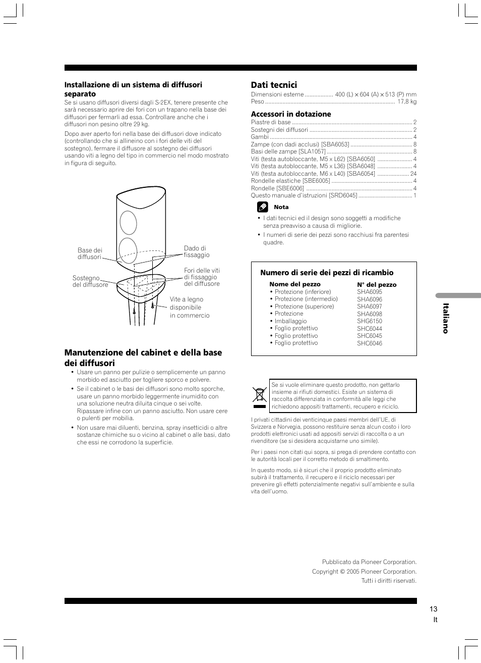 Dati tecnici | Pioneer CP-2EX User Manual | Page 13 / 40