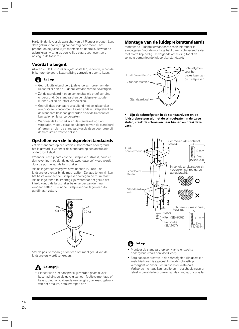 Voordat u begint, Opstellen van de luidsprekerstandaards, Montage van de luidsprekerstandaards | Pioneer CP-2EX User Manual | Page 14 / 40