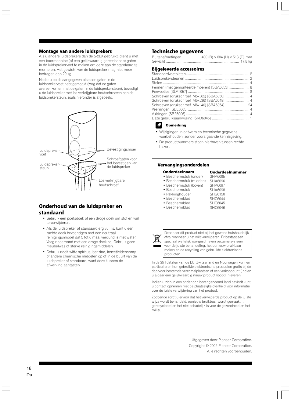 Onderhoud van de luidspreker en standaard, Technische gegevens | Pioneer CP-2EX User Manual | Page 16 / 40