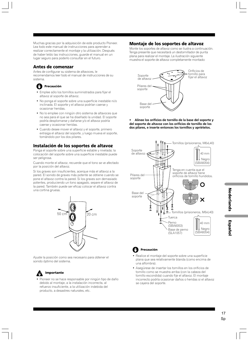 Antes de comenzar, Instalación de los soportes de altavoz, Montaje de los soportes de altavoz | Pioneer CP-2EX User Manual | Page 17 / 40