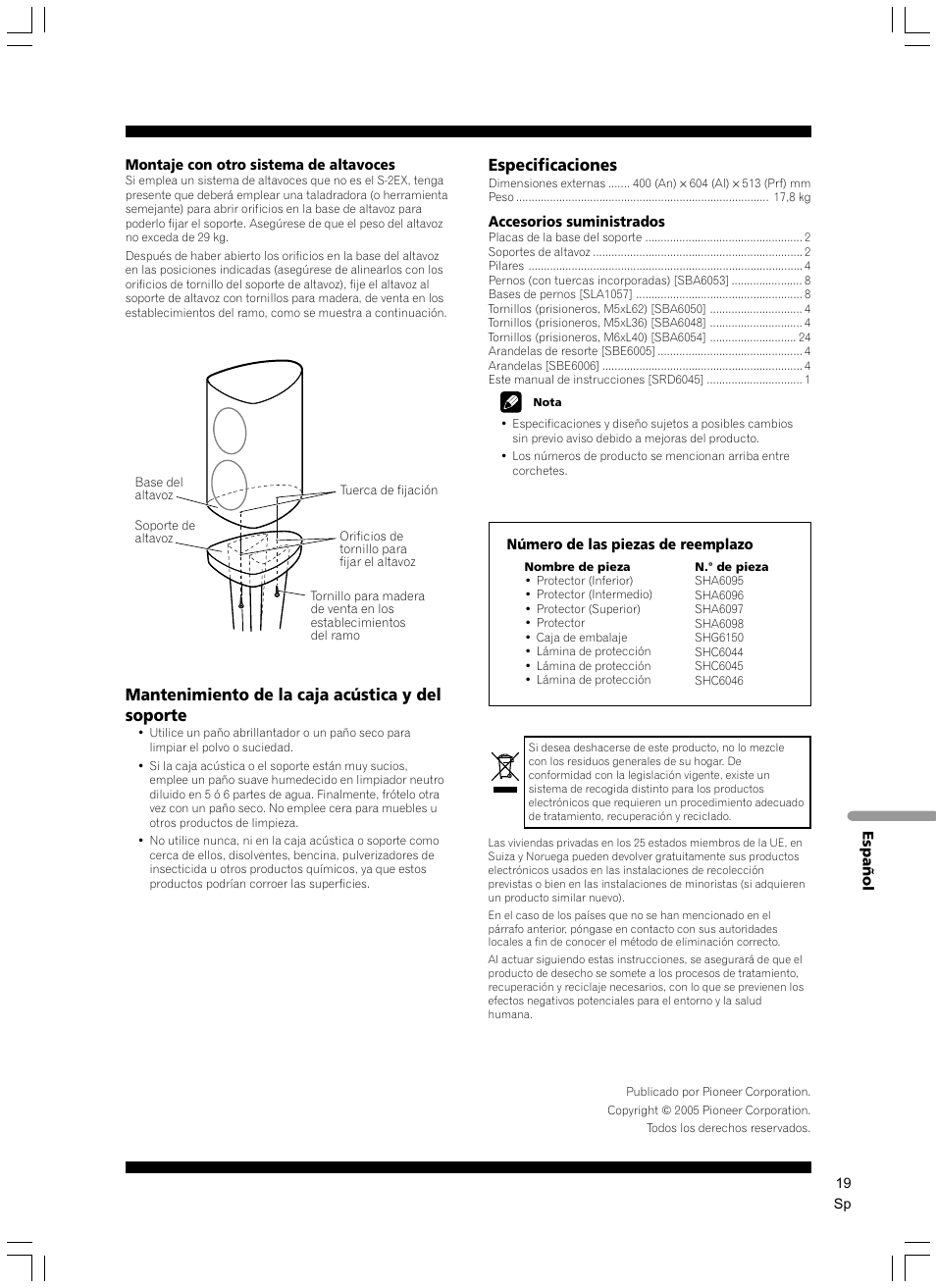 Mantenimiento de la caja acústica y del soporte, Especificaciones | Pioneer CP-2EX User Manual | Page 19 / 40