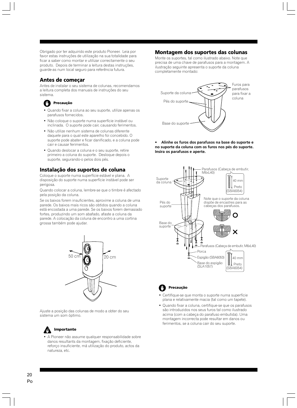 Antes de começar, Instalação dos suportes de coluna, Montagem dos suportes das colunas | Pioneer CP-2EX User Manual | Page 20 / 40