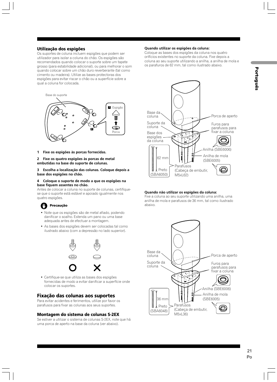 Fixação das colunas aos suportes | Pioneer CP-2EX User Manual | Page 21 / 40