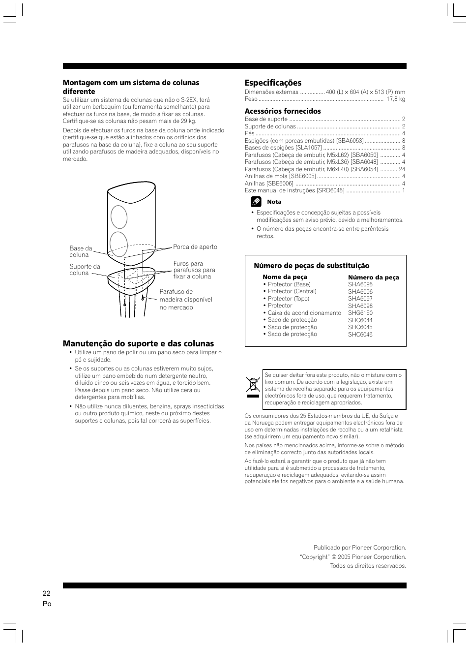 Manutenção do suporte e das colunas, Especificações | Pioneer CP-2EX User Manual | Page 22 / 40