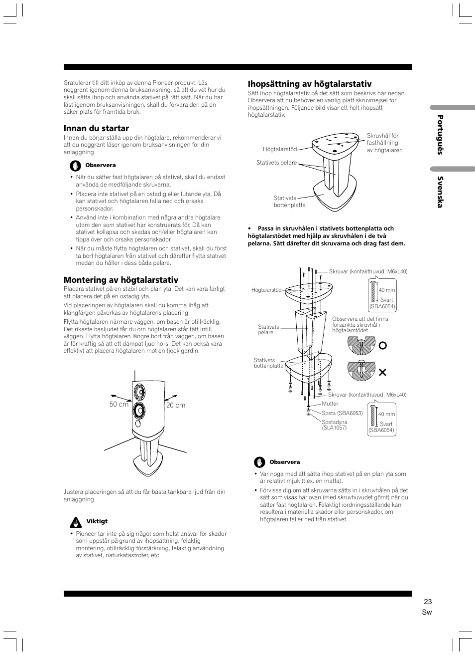 Innan du startar, Montering av högtalarstativ, Ihopsättning av högtalarstativ | Pioneer CP-2EX User Manual | Page 23 / 40