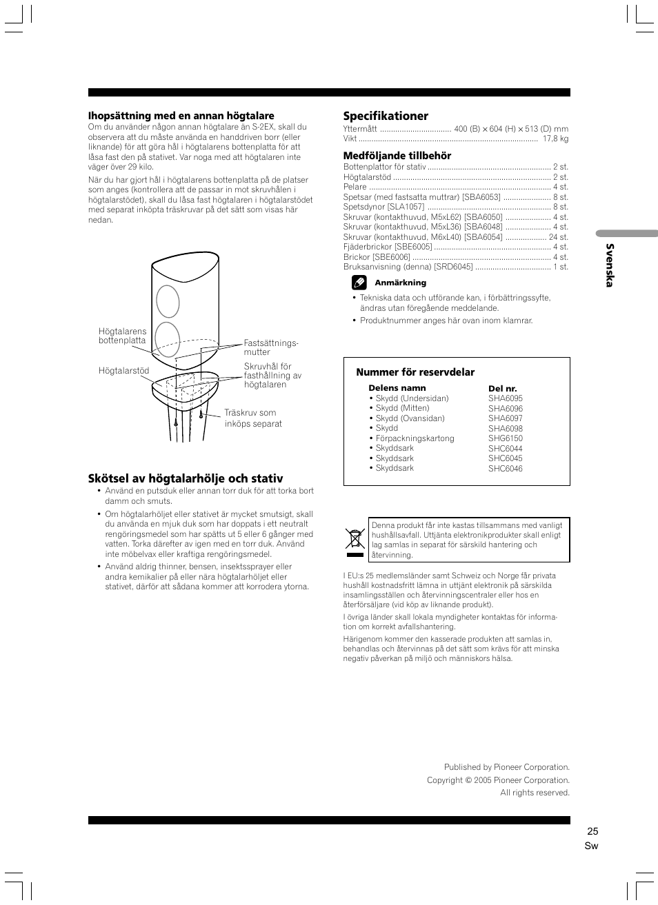 Skötsel av högtalarhölje och stativ, Specifikationer | Pioneer CP-2EX User Manual | Page 25 / 40