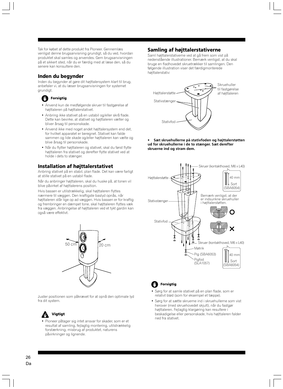 Inden du begynder, Installation af højttalerstativet, Samling af højttalerstativerne | Pioneer CP-2EX User Manual | Page 26 / 40