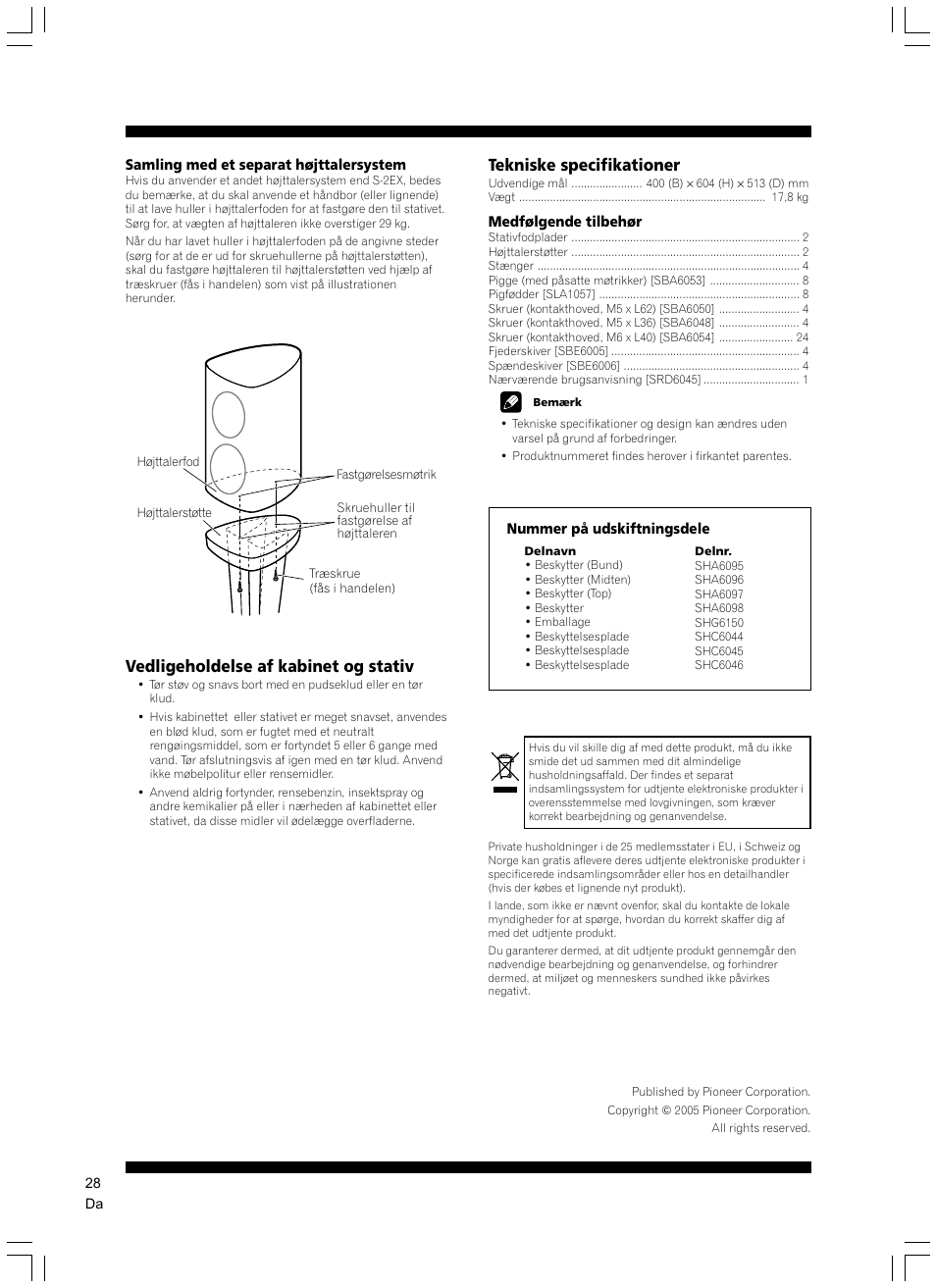 Vedligeholdelse af kabinet og stativ, Tekniske specifikationer | Pioneer CP-2EX User Manual | Page 28 / 40